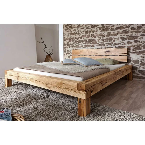 Rustikales Holzbett Mit Kopfteil Baumkante – Satton 3