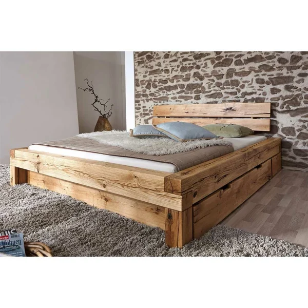 Rustikales Holzbett Mit Kopfteil Baumkante – Satton 4