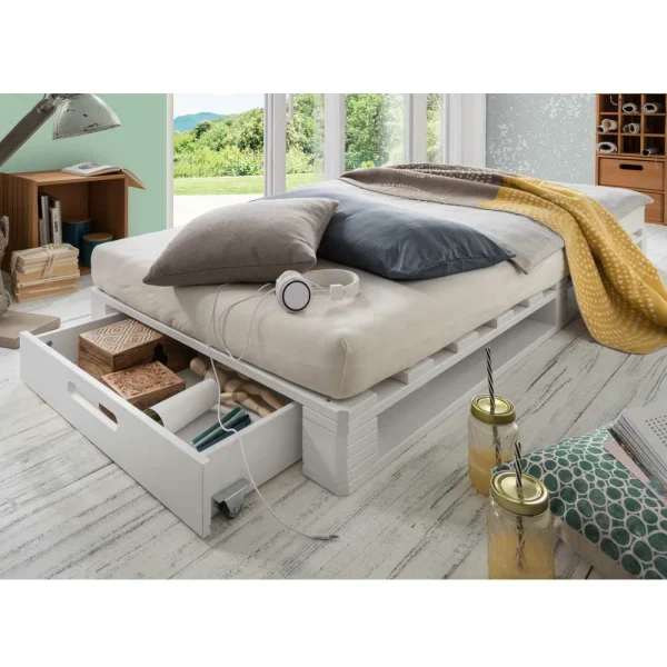Weißes Palettenbett Aus Kiefer Massivholz – Idena 1